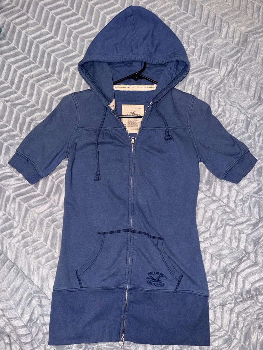 Vintage 2000s Hollister Short Sleeve Longline Tunic 2 Way Zip Up Hoodie Blue